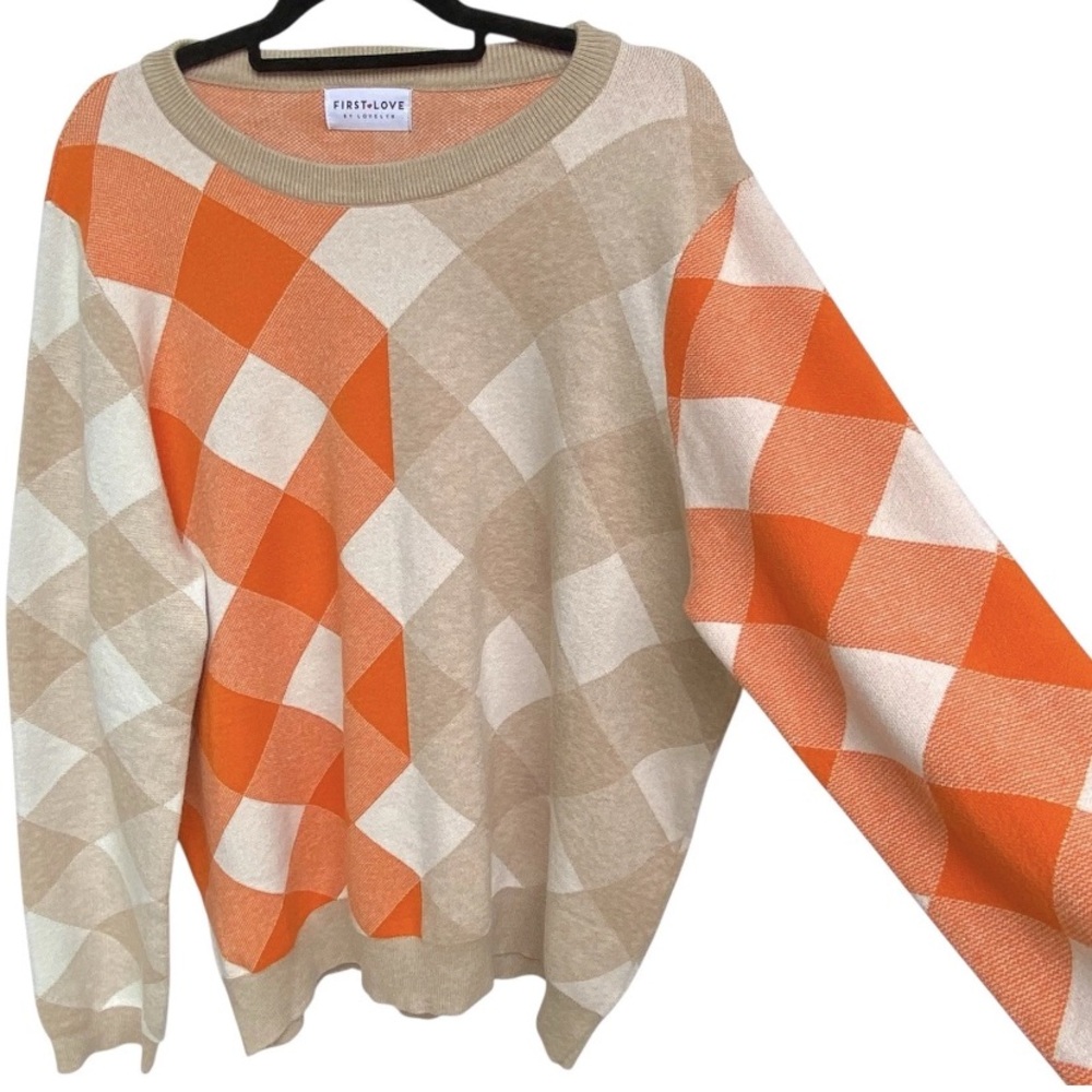 First Love by Lovelyn Orange Tan Plaid Sweater Womens Plus Size 2X New Fall - Picture 3 of 7